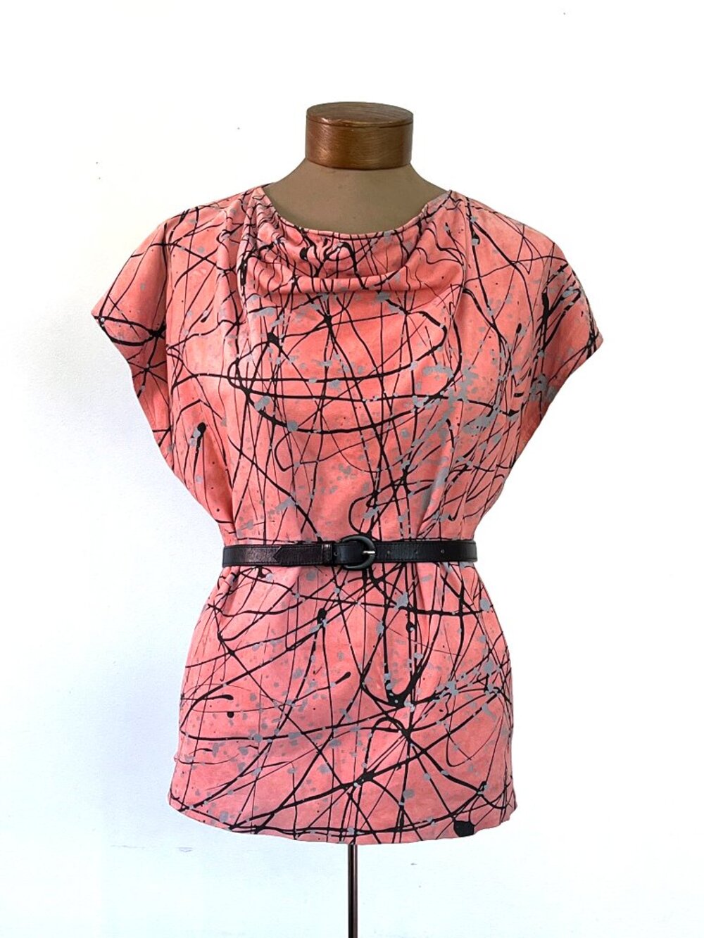 Vintage 80s 90s Coral Suede Paint Splatter Jackson Pollock Blouse Top Tunic